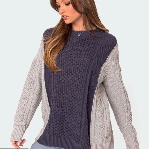 Edikted Navy And Gray Cable Knit Sweater